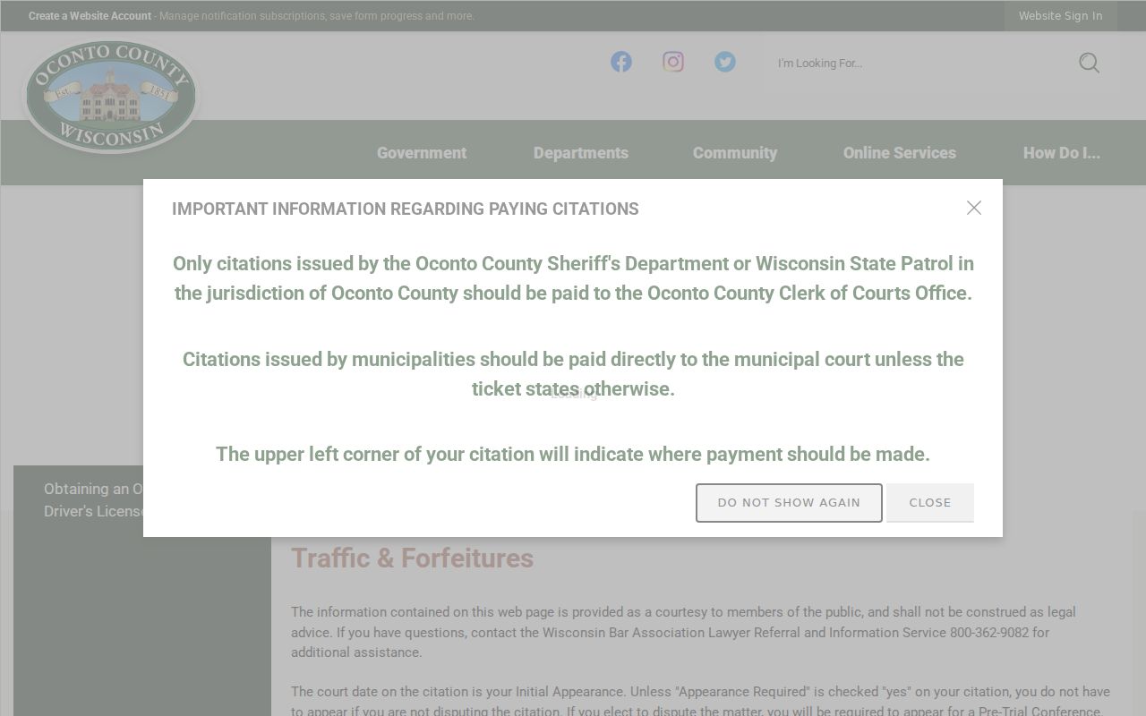 Oconto County Traffic and Forfeitures initial-appearance workflow