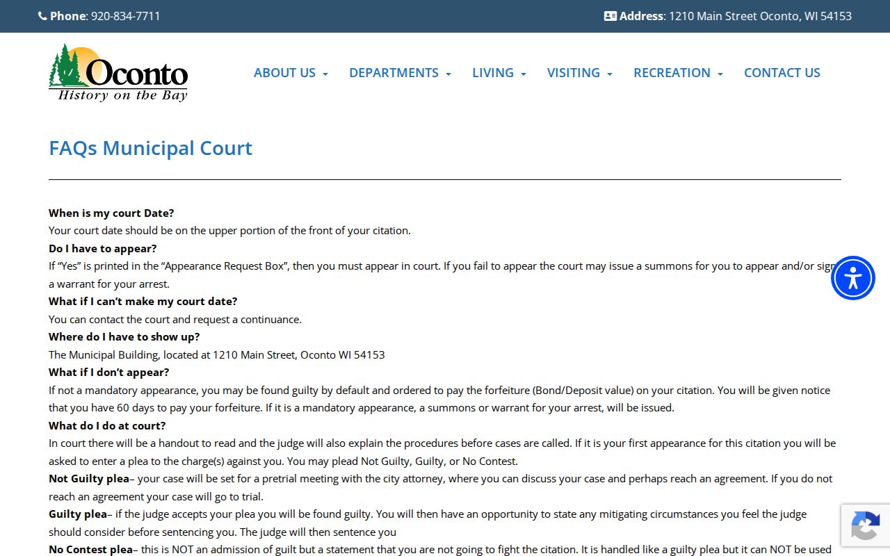 Oconto court docket appearance and plea information