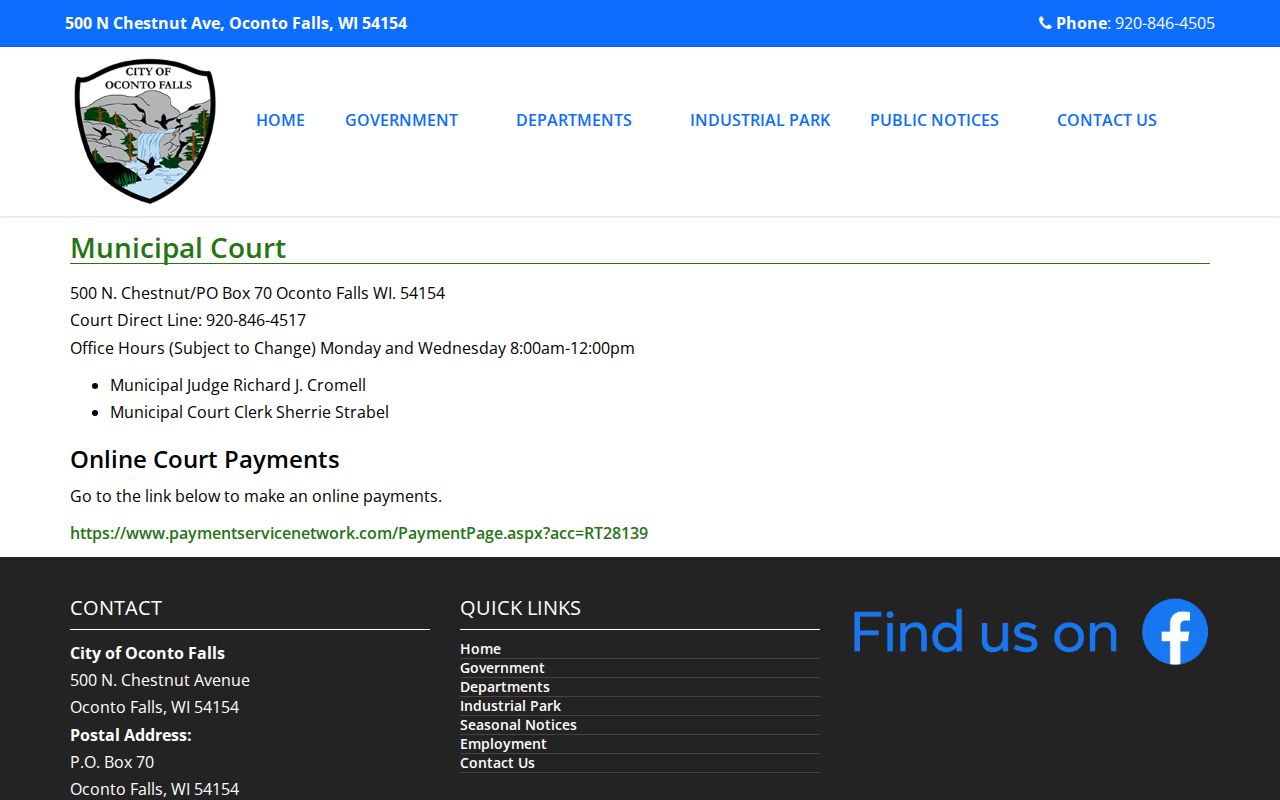 Oconto Falls court docket municipal court contact page