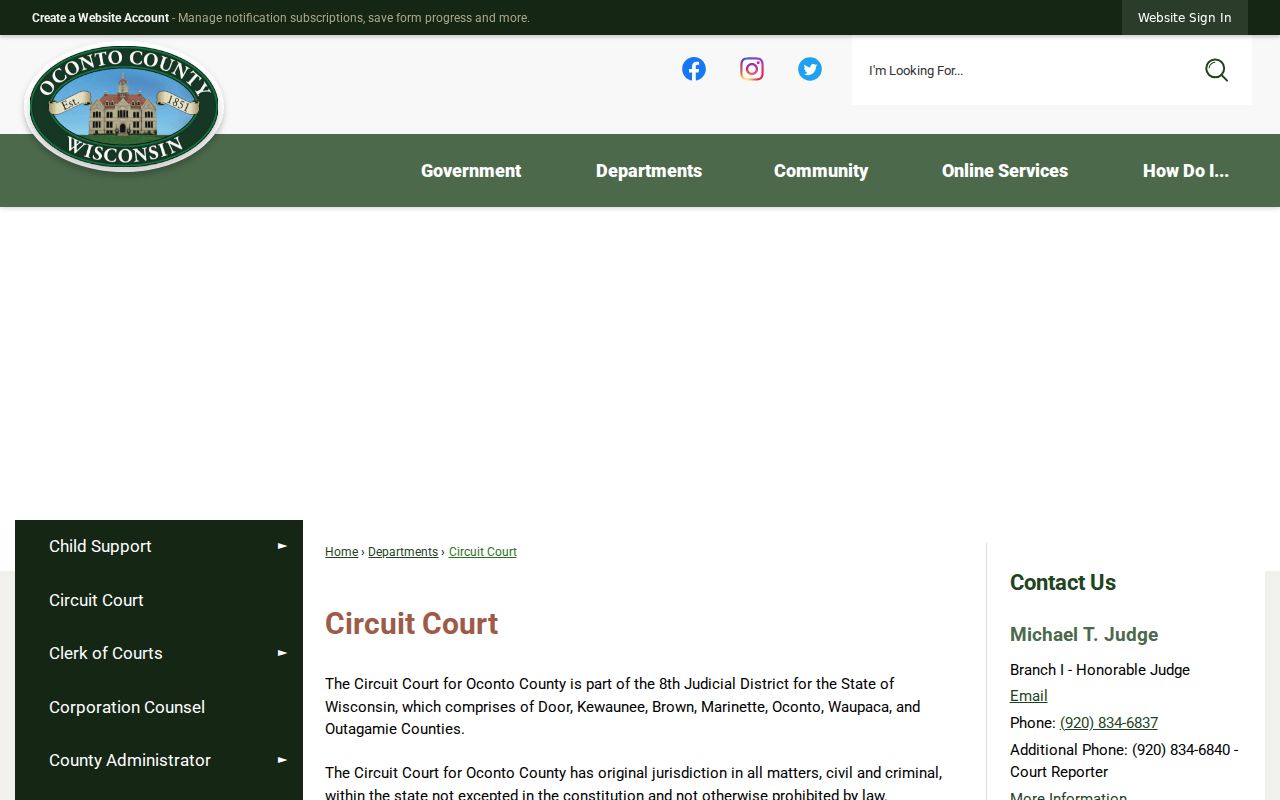Official Oconto County Circuit Court webpage showing courthouse information